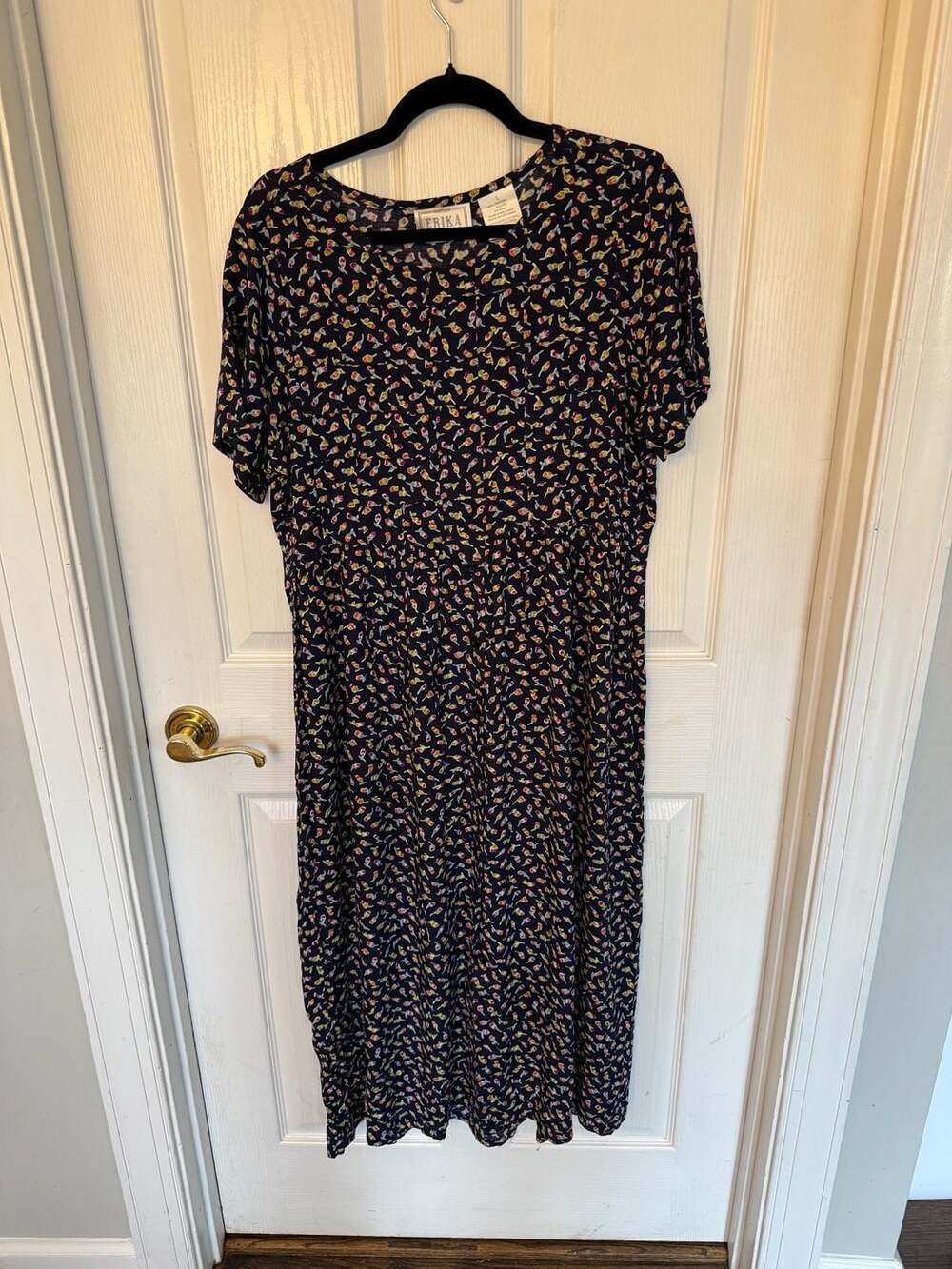 Vintage Erika Studio Navy Floral Rayon Button-Down Maxi Dress Size Large
